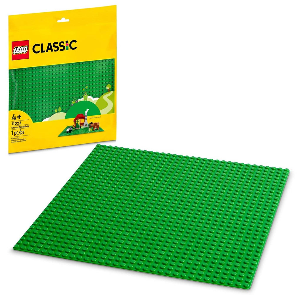 Green 32x32 stud square LEGO baseplate, flat plastic building plate.