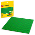 Green 32x32 stud square LEGO baseplate, flat plastic building plate.