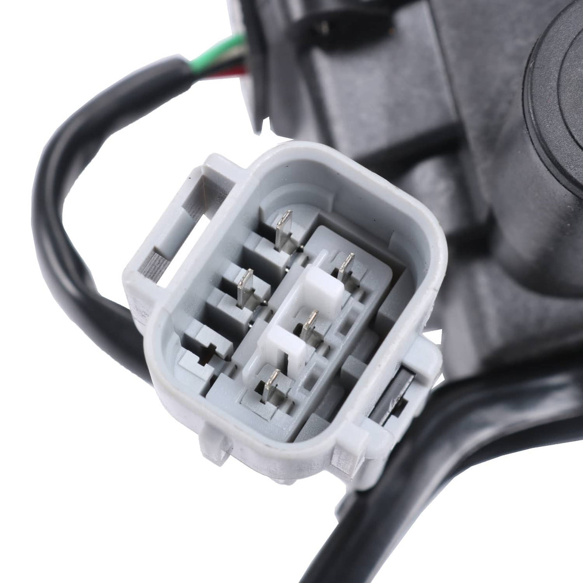 Heater coolant control valve connector close-up with pin terminals in gray plastic plug.