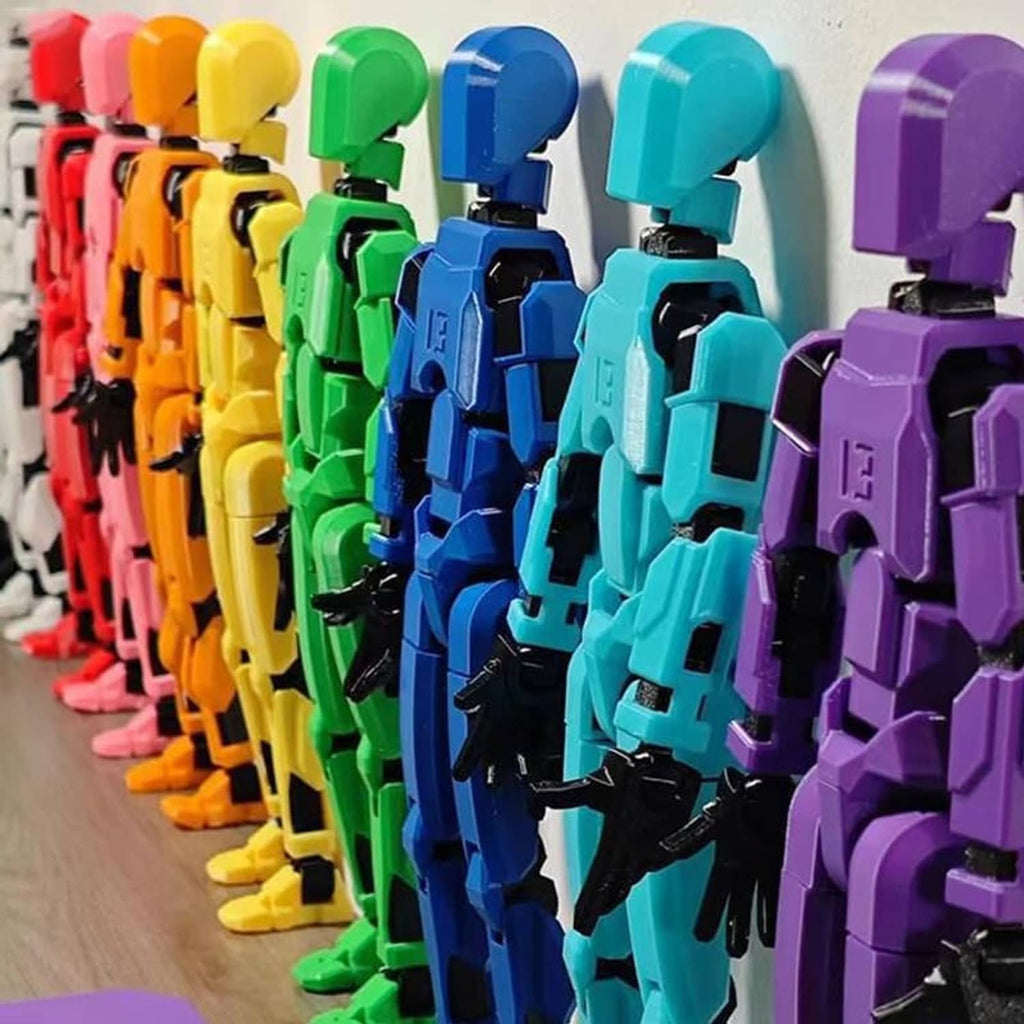 Row of assorted colored robot action figures with white and black joint details