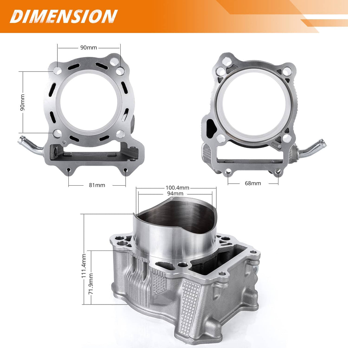 Aluminum cylinder kit with piston and head gaskets, shown with dimension outlines