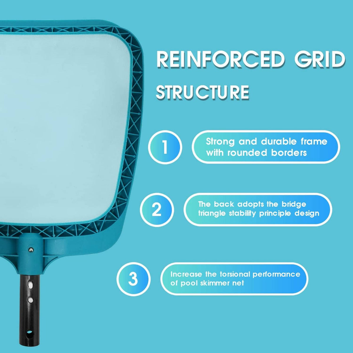 Teal pool leaf skimmer net with reinforced grid frame and fine white mesh