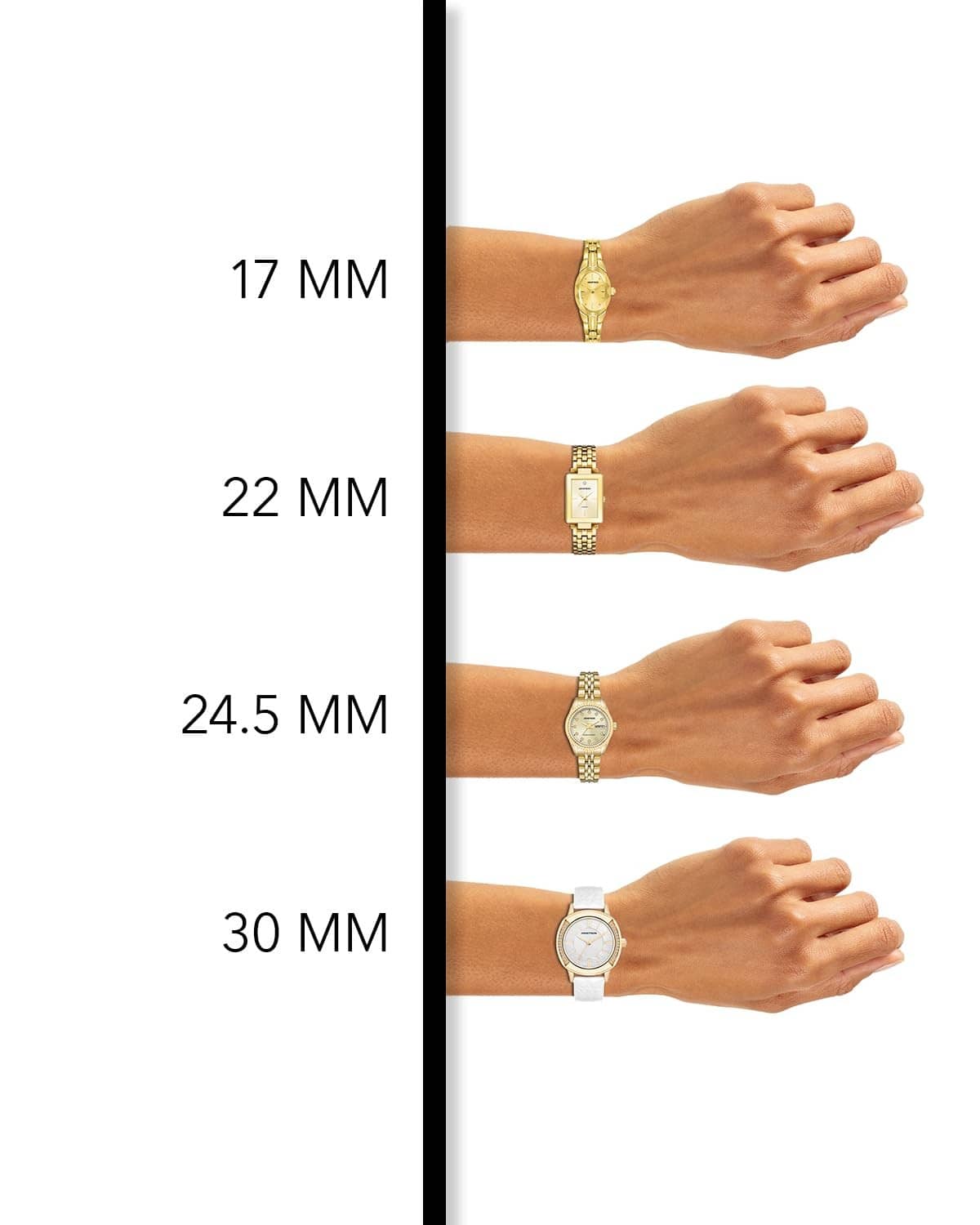 Women’s bracelet watch size chart showing 17–30 mm gold and silver options