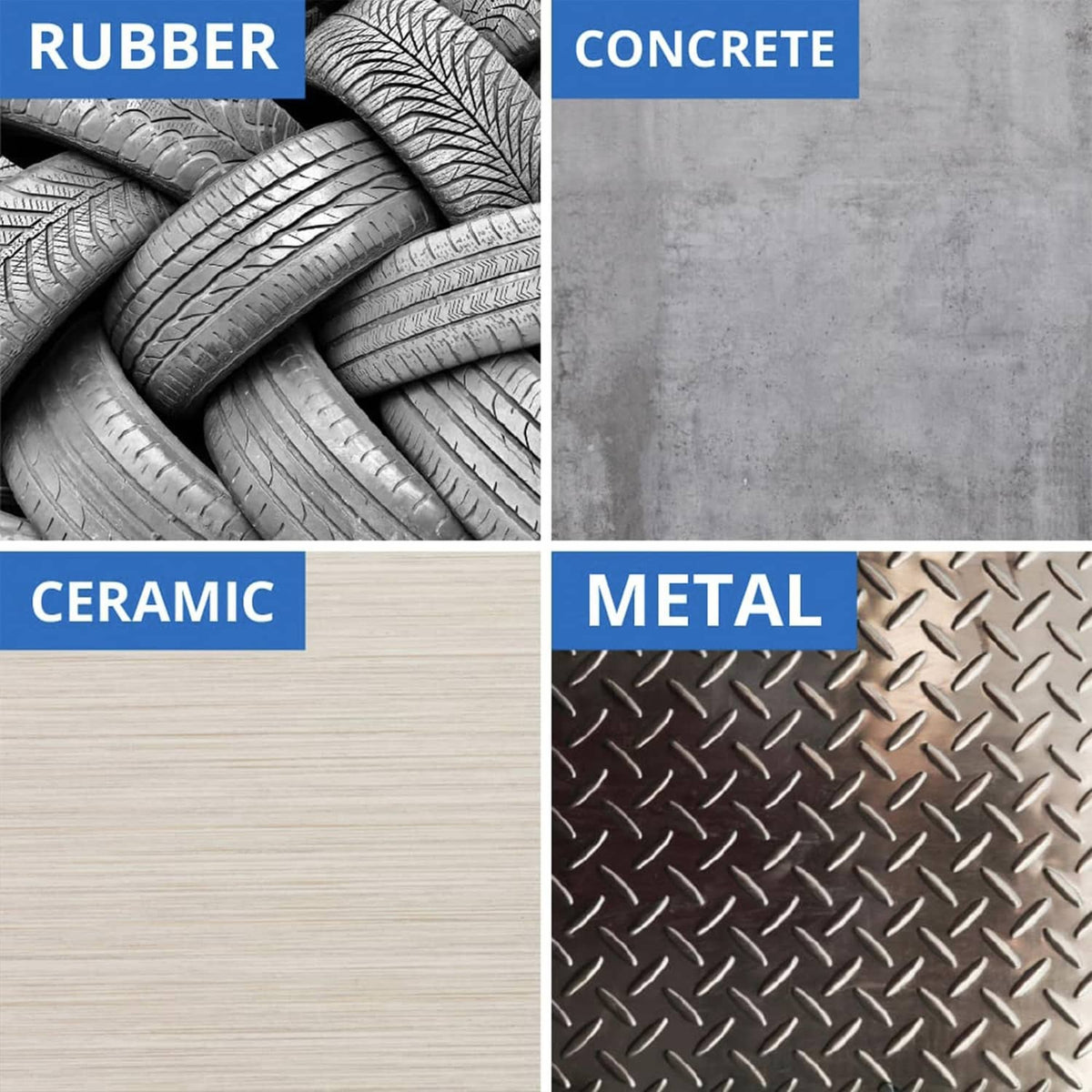 Epoxy adhesive bonds to rubber, concrete, ceramic, and metal surfaces