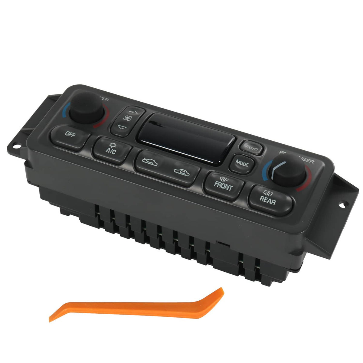 Car A/C climate control panel with buttons, display window, and temperature dials