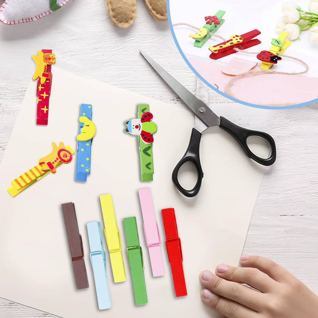 Assorted colored wooden clothespins, neatly arranged with small clothespin hooks