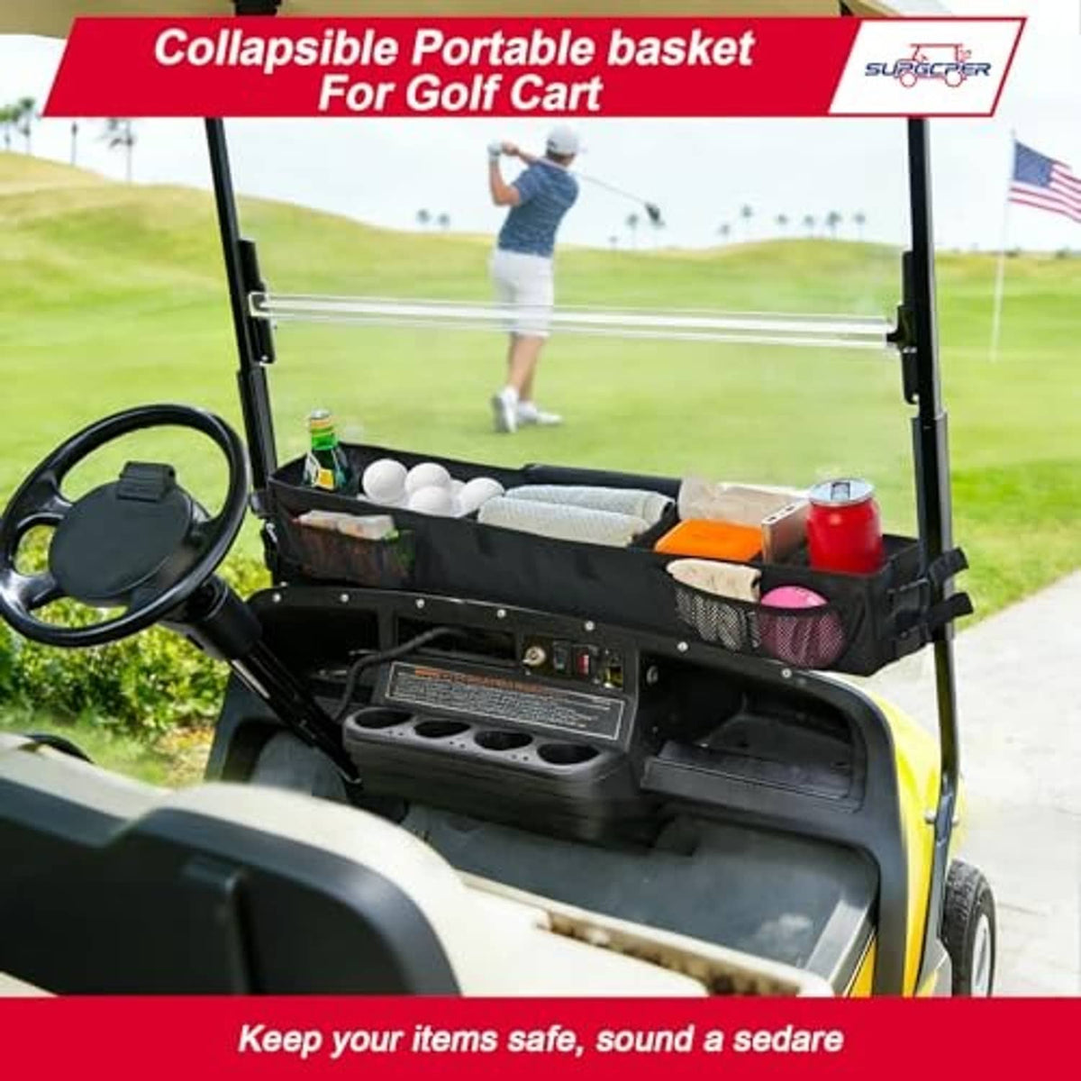 Collapsible black golf cart front storage basket with organizer tray