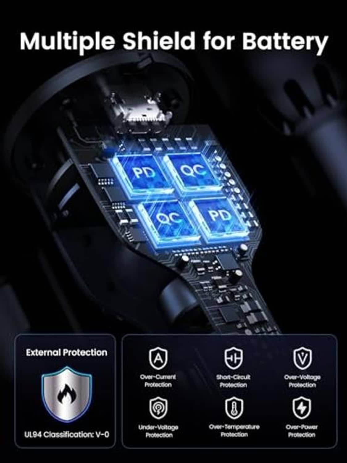 Black USB-C car charger with blue circuit shield detail near the ports