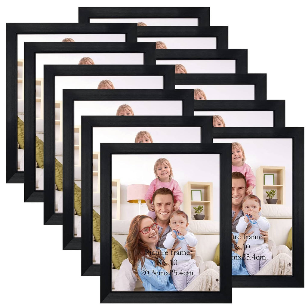 Stack of black 8x10 photo frames showing multiple fronts