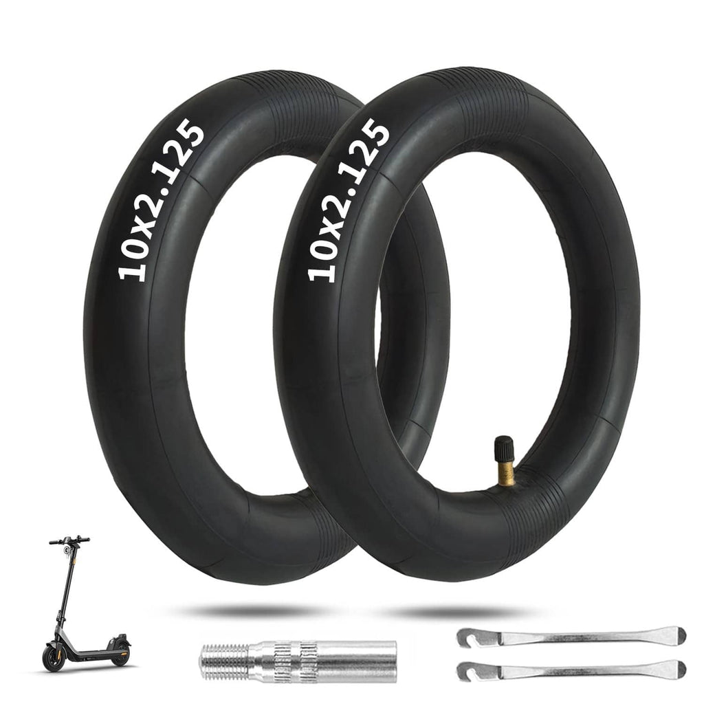Pair of black 10x2.125 scooter inner tubes with 10x2.125 sizing text and valve
