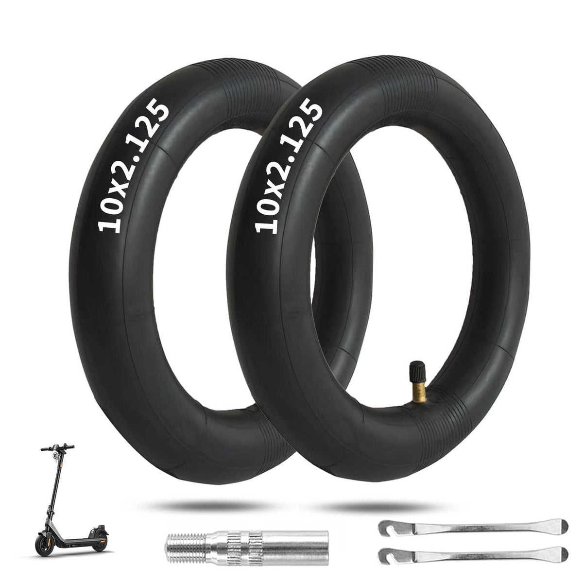 Pair of black 10x2.125 scooter inner tubes with 10x2.125 sizing text and valve