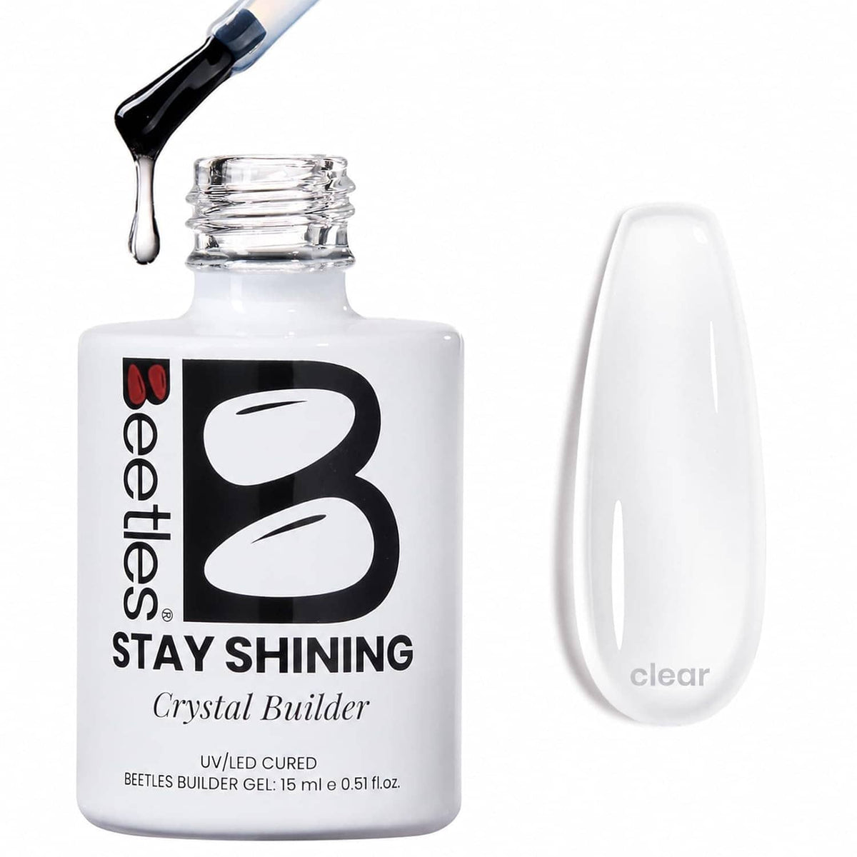 Clear nail builder gel bottle with dripper and glossy clear nail swatch