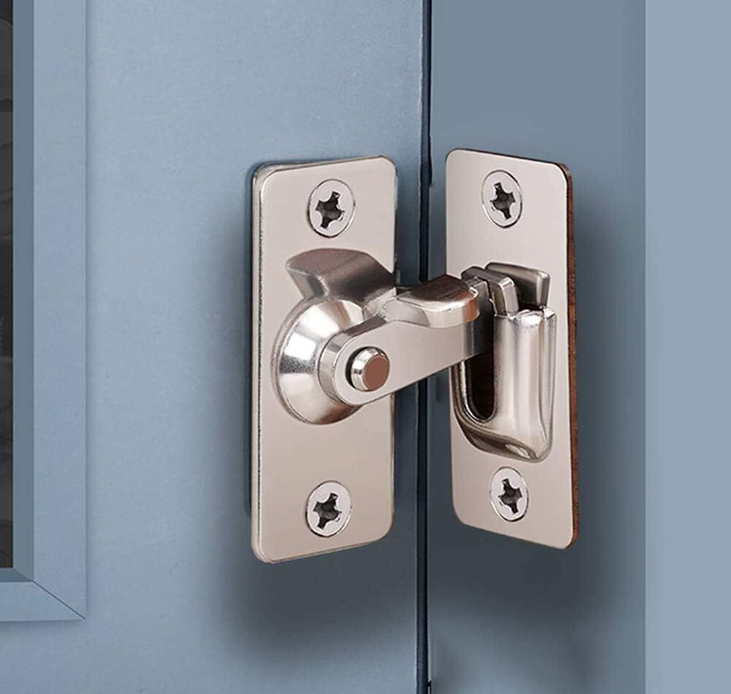 Stainless steel door hasp latch mounted on a door with locking catch alignment