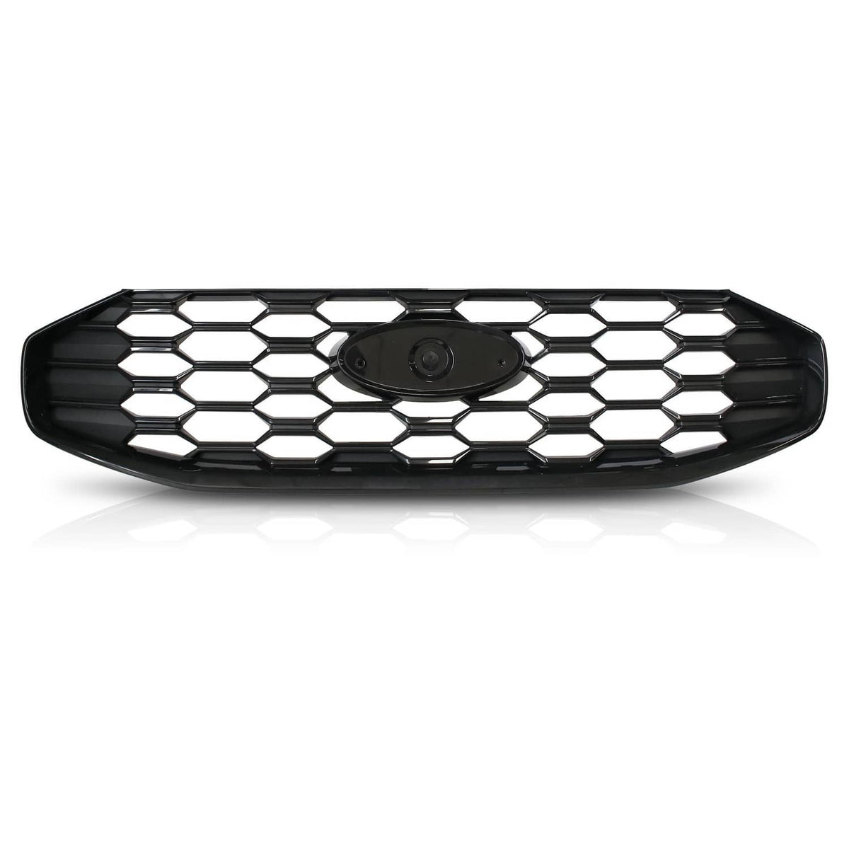 Black grille insert with hex honeycomb pattern and central emblem opening