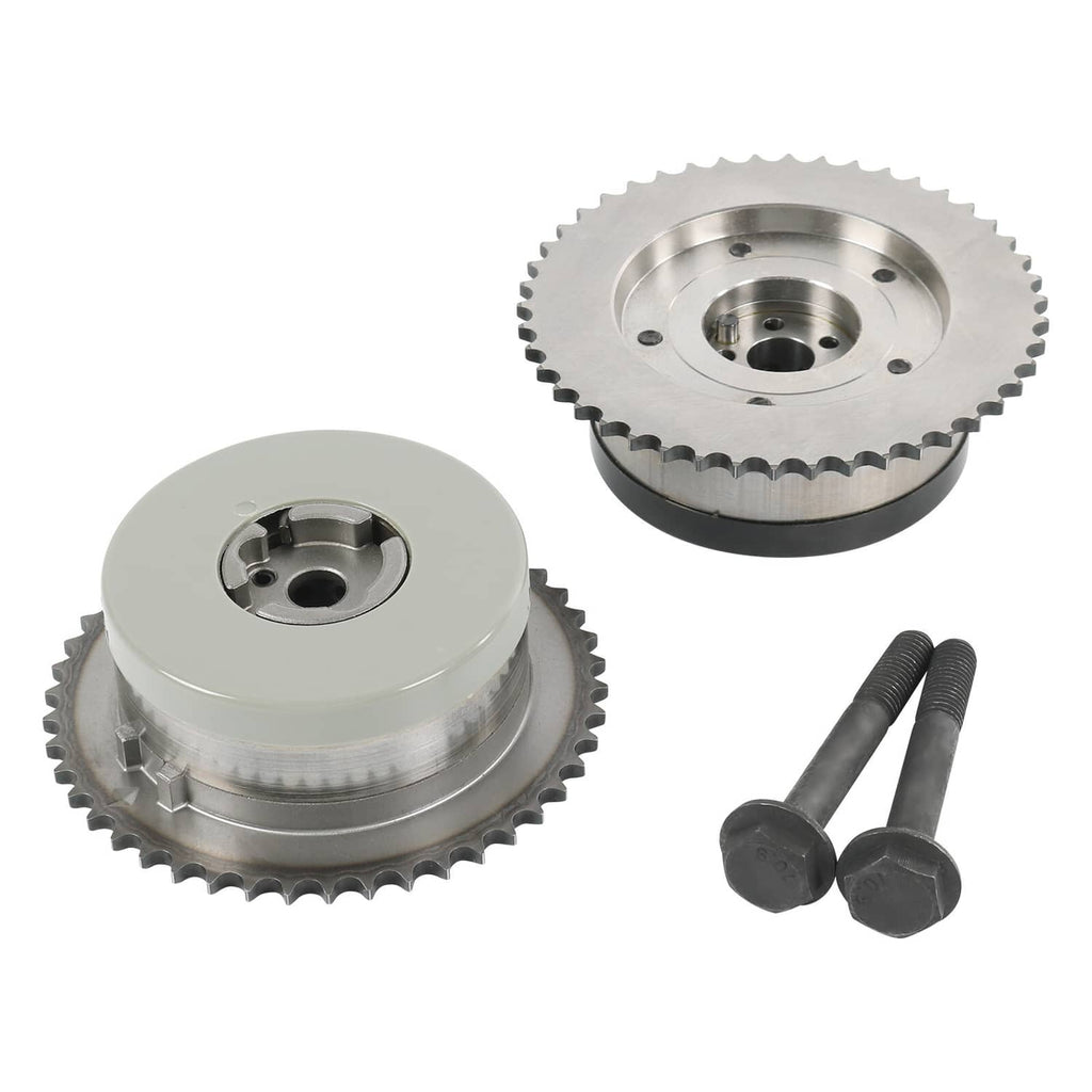 Cam phaser variable timing actuator sprockets with bolts, silver and black