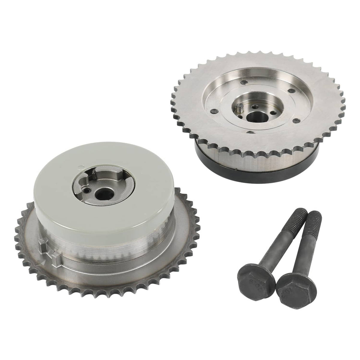 Cam phaser variable timing actuator sprockets with bolts, silver and black
