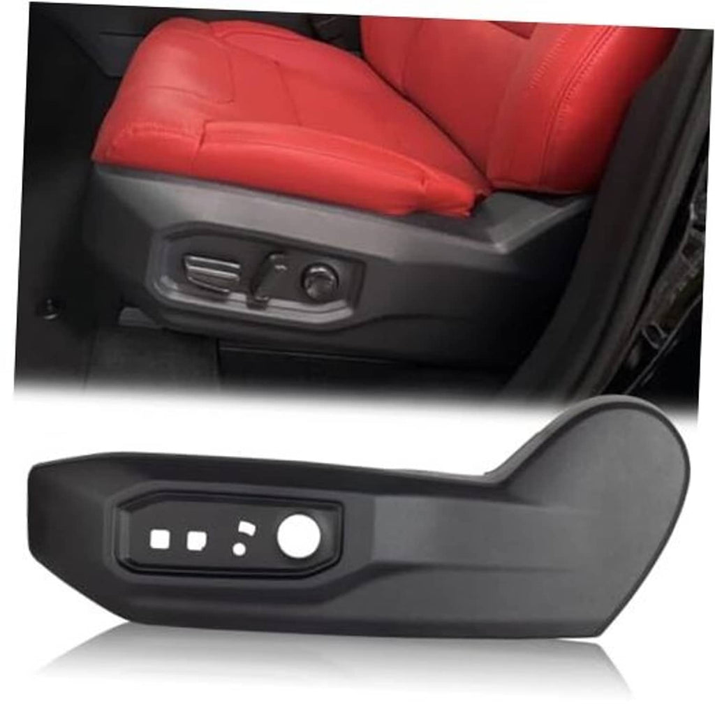Black driver-side seat trim bezel cover with molded switch controls and round dial