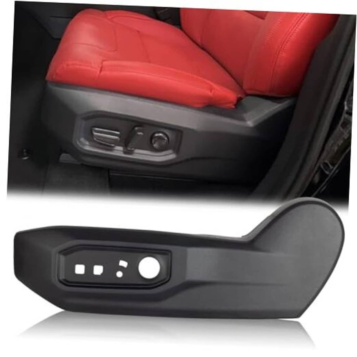 Black driver-side seat trim bezel cover with molded switch controls and round dial