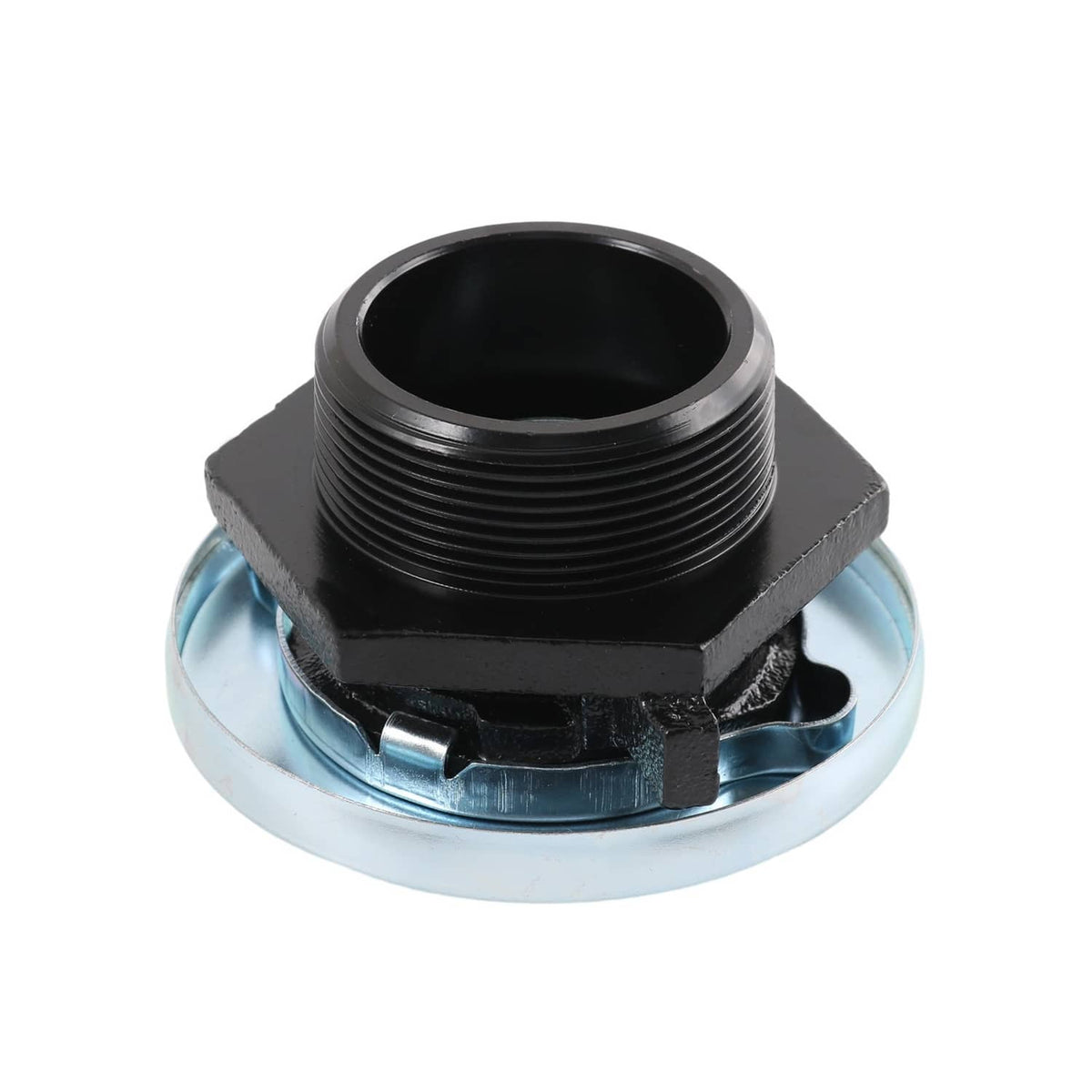 Black threaded vent cap with metal flange and vent cover