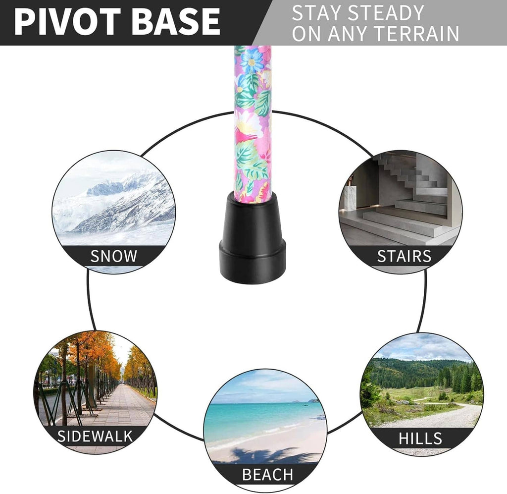 Walking cane pivot base with black rubber tip for steady support on various surfaces