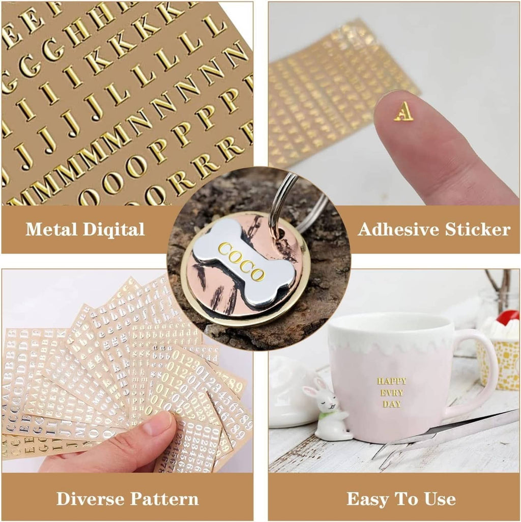 Gold letter and number adhesive sticker sheets with assorted character patterns