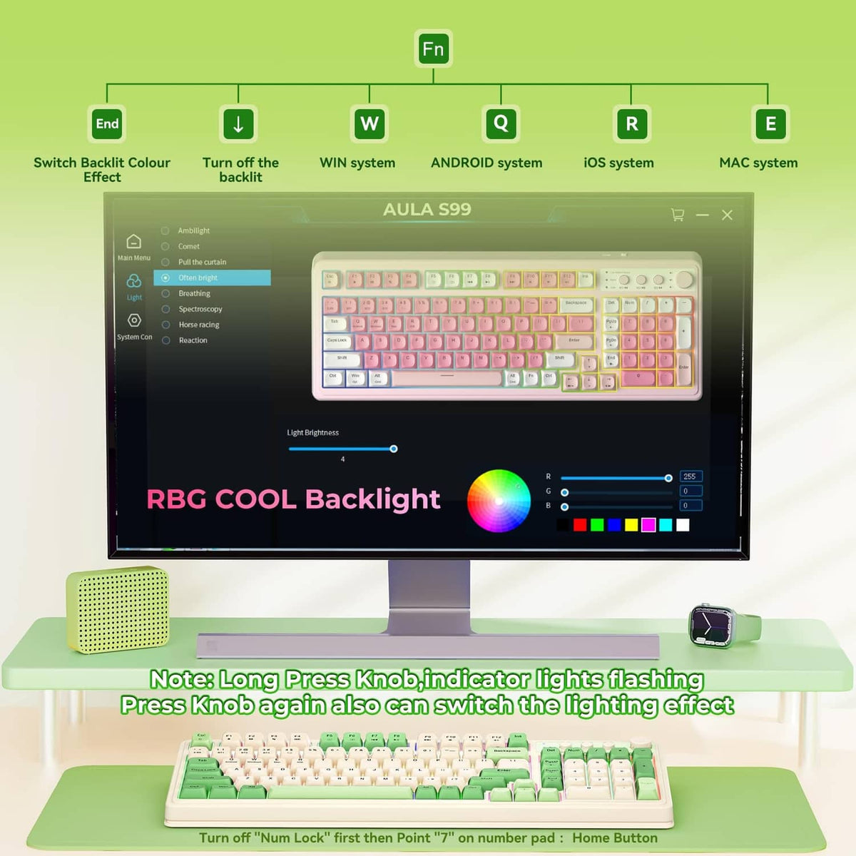 Gaming keyboard with RGB cool backlight and on-screen lighting control app.