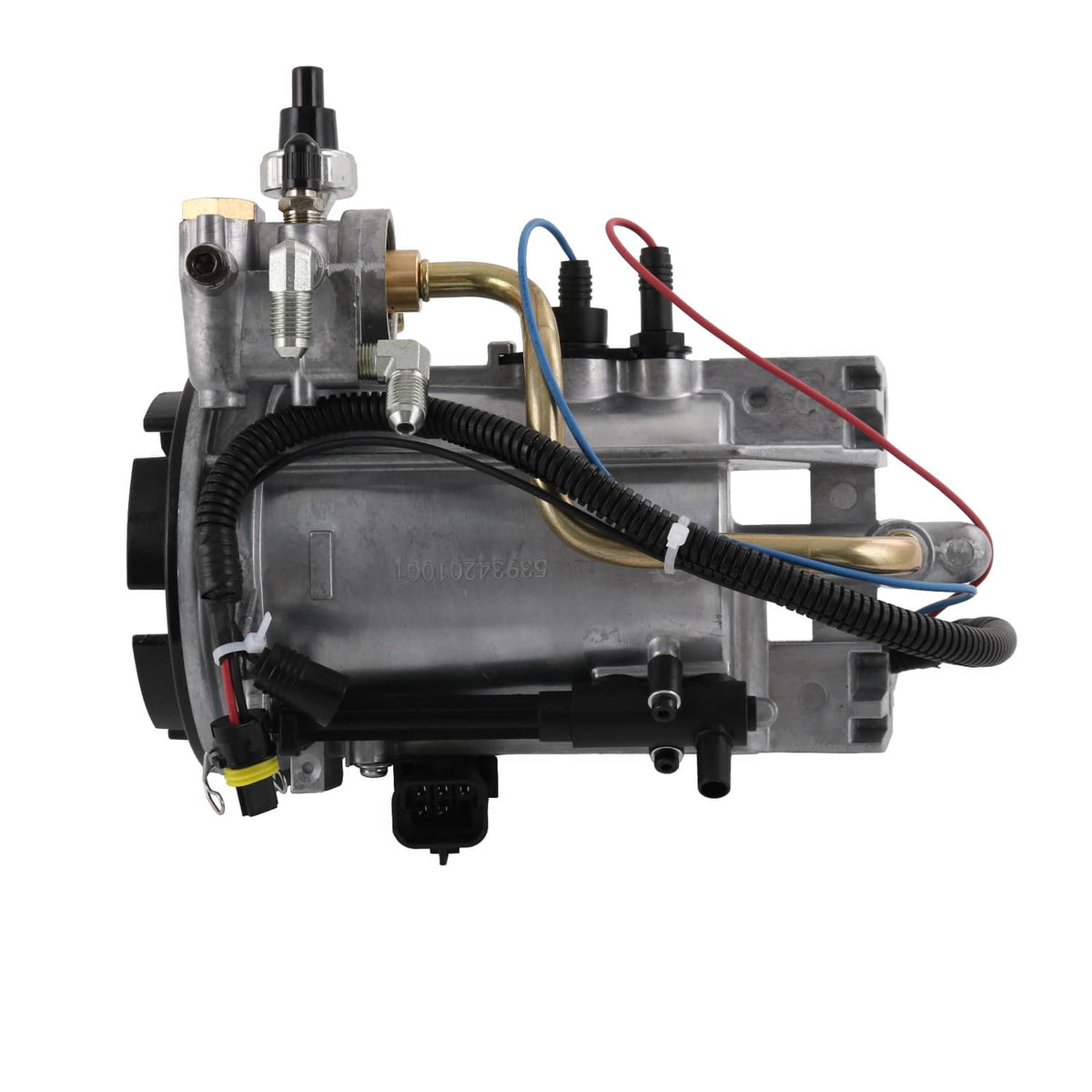 Fuel filter housing assembly with wiring harness, metal body, hoses, and bronze fittings
