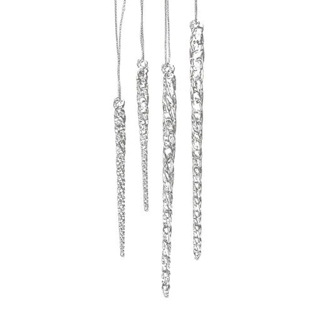 Clear glass icicle ornament set of 24, hanging with silver-tone caps and loops