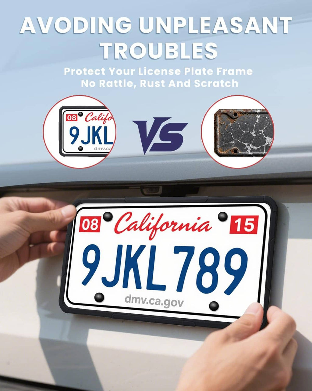 Black silicone license plate frame set with mounting posts, held on a car