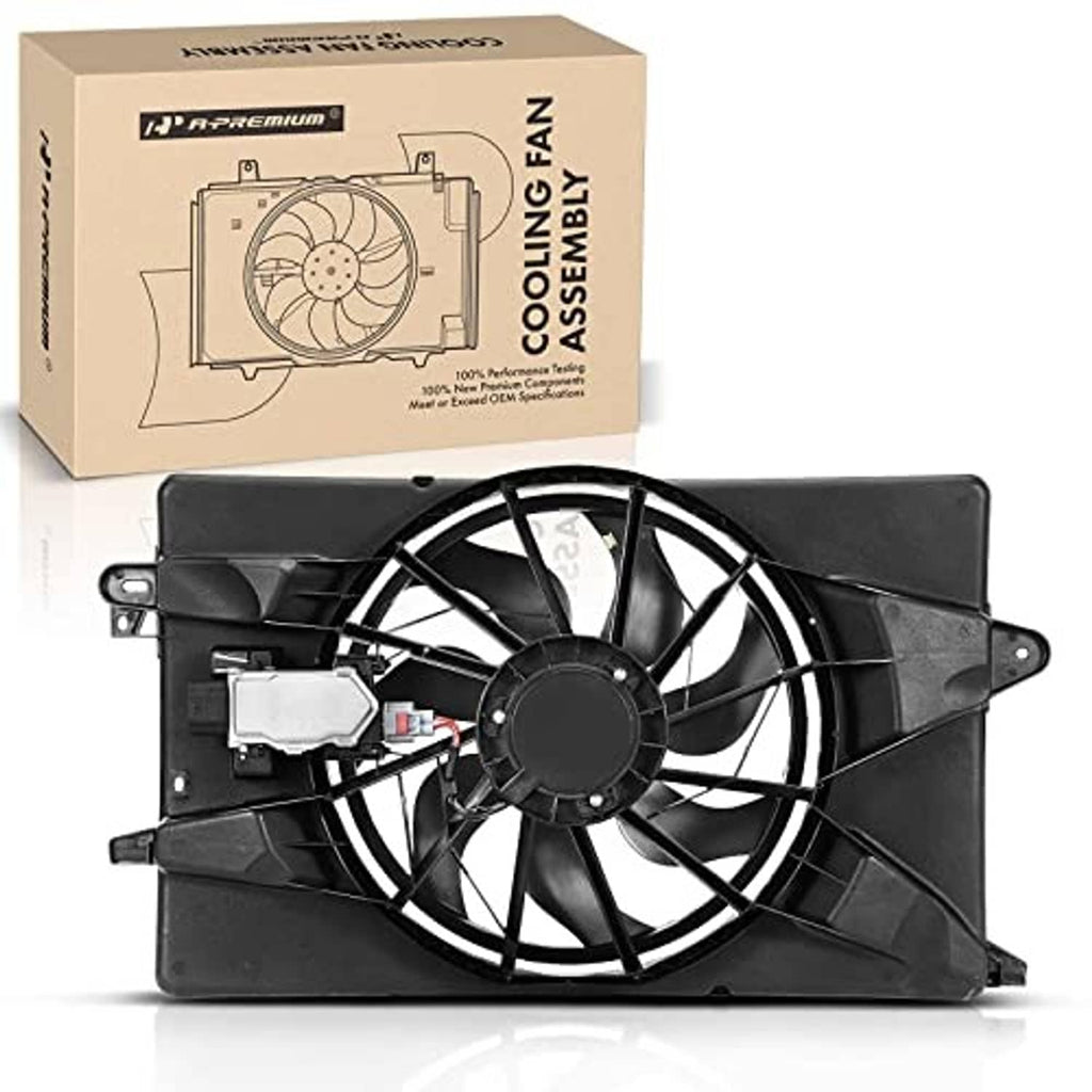 Radiator cooling fan assembly shown angled with black fan blades and mounting tabs