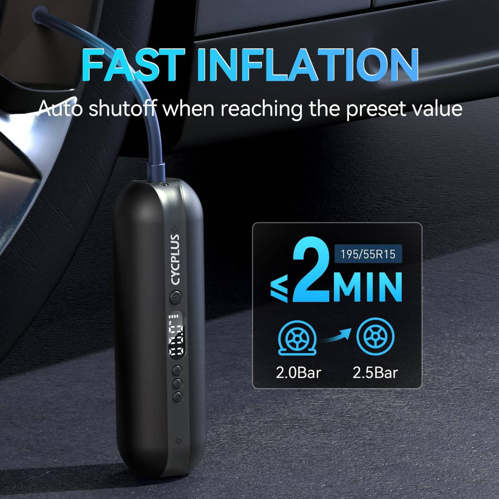 Portable black electric bicycle air pump with hose nozzle attached on a car seat
