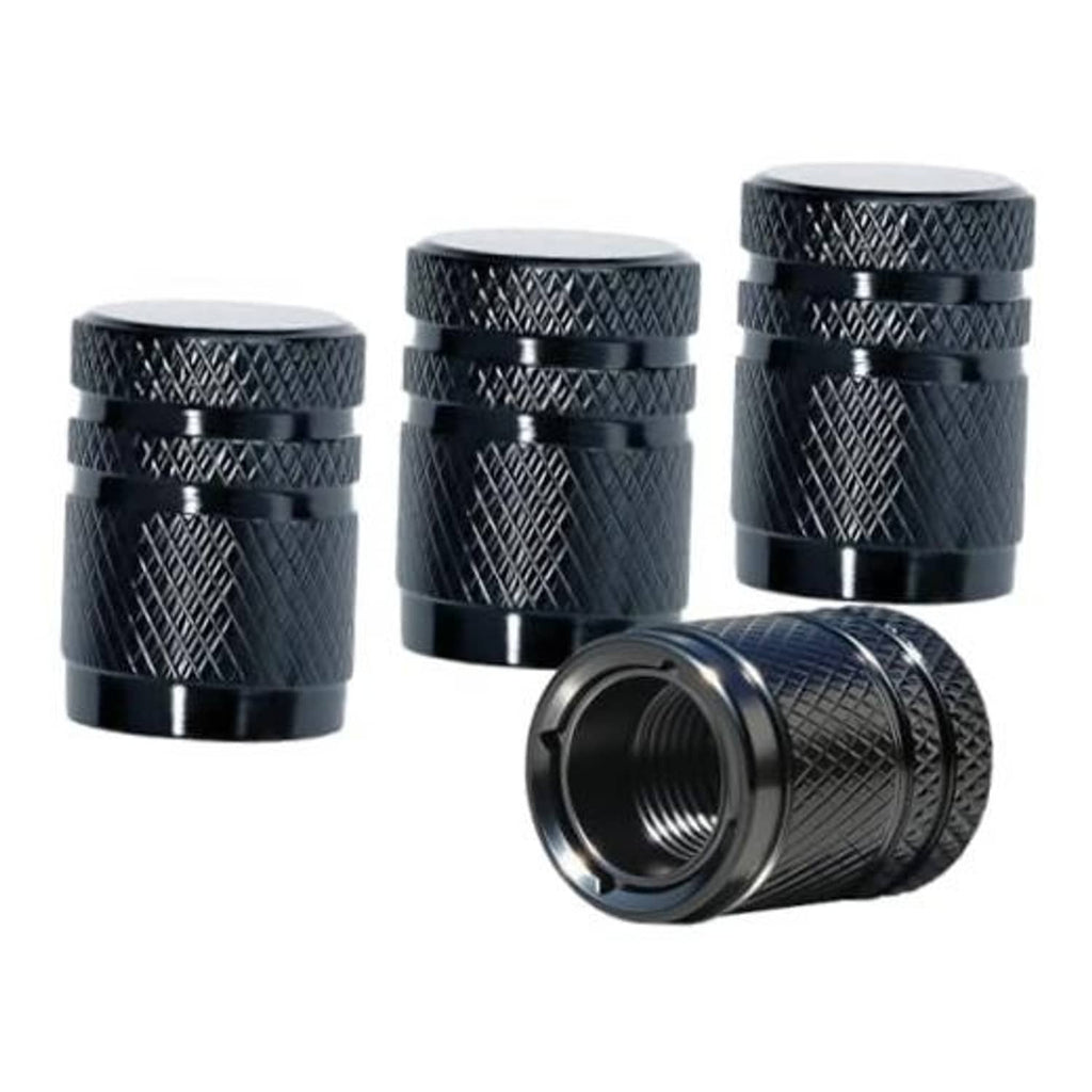 Five black textured tire valve stem caps, double-layer design with metal insert