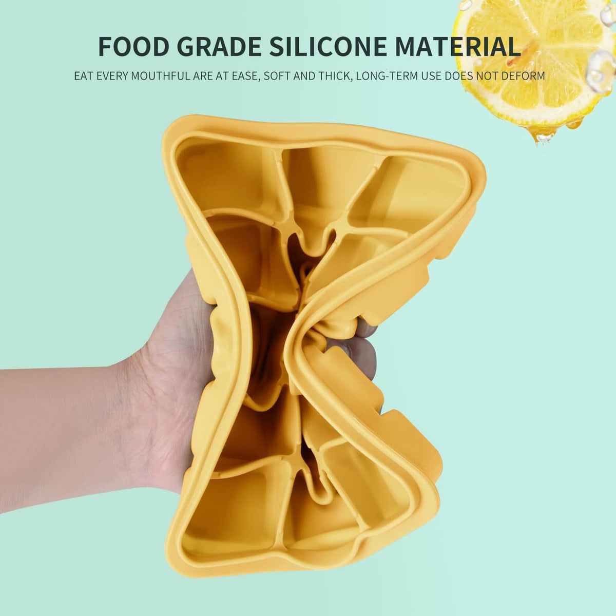 Yellow silicone ice cube tray with lid, flexible design shown in a close-up