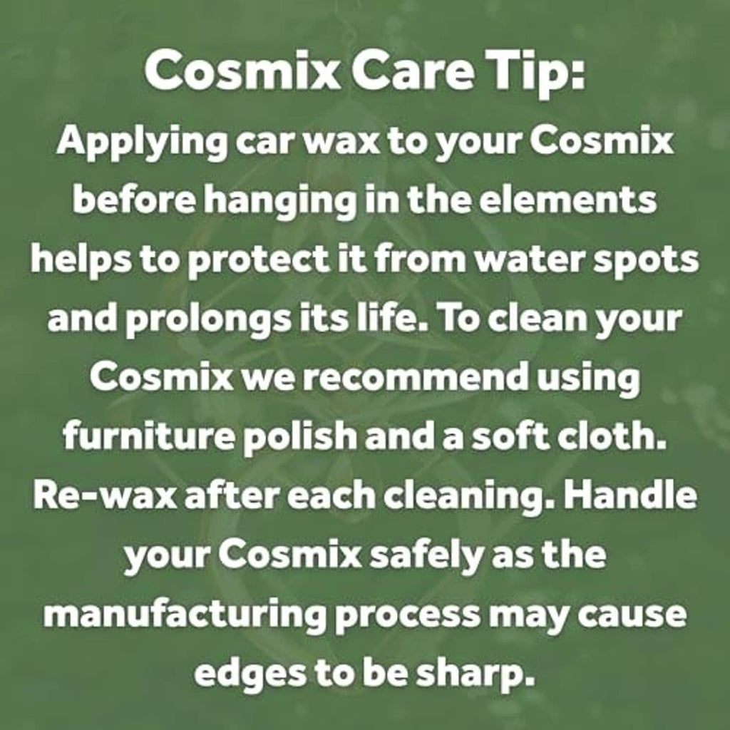 Cosmix care tip graphic with instructions for waxing and cleaning the spinner