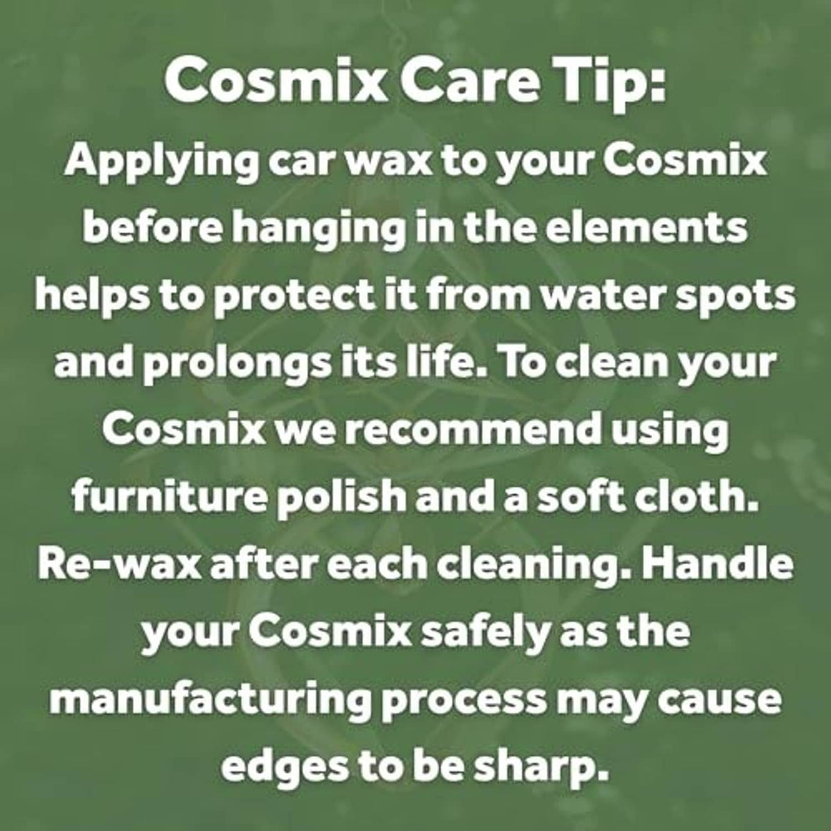 Cosmix care tip graphic with instructions for waxing and cleaning the spinner