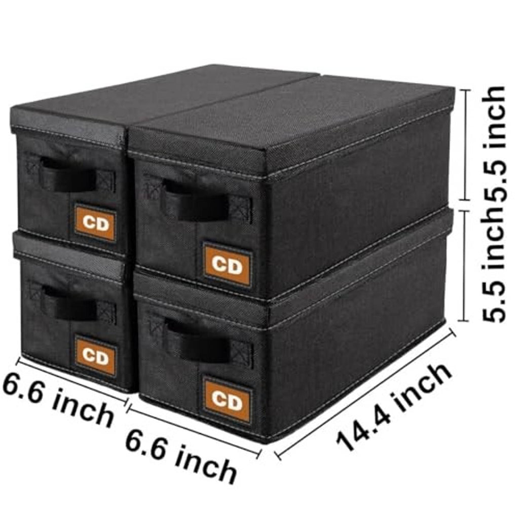 Black CD storage box case, stacked 4-pack with four front pocket openings