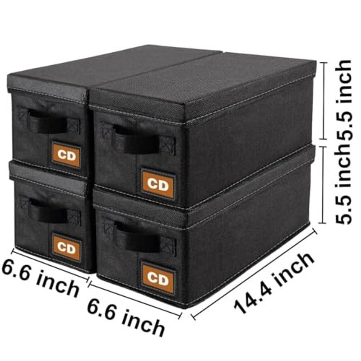 Black CD storage box case, stacked 4-pack with four front pocket openings