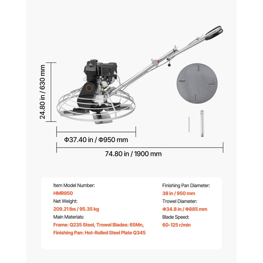 Gas concrete power trowel with float pan and blade set, illustrated dimensions