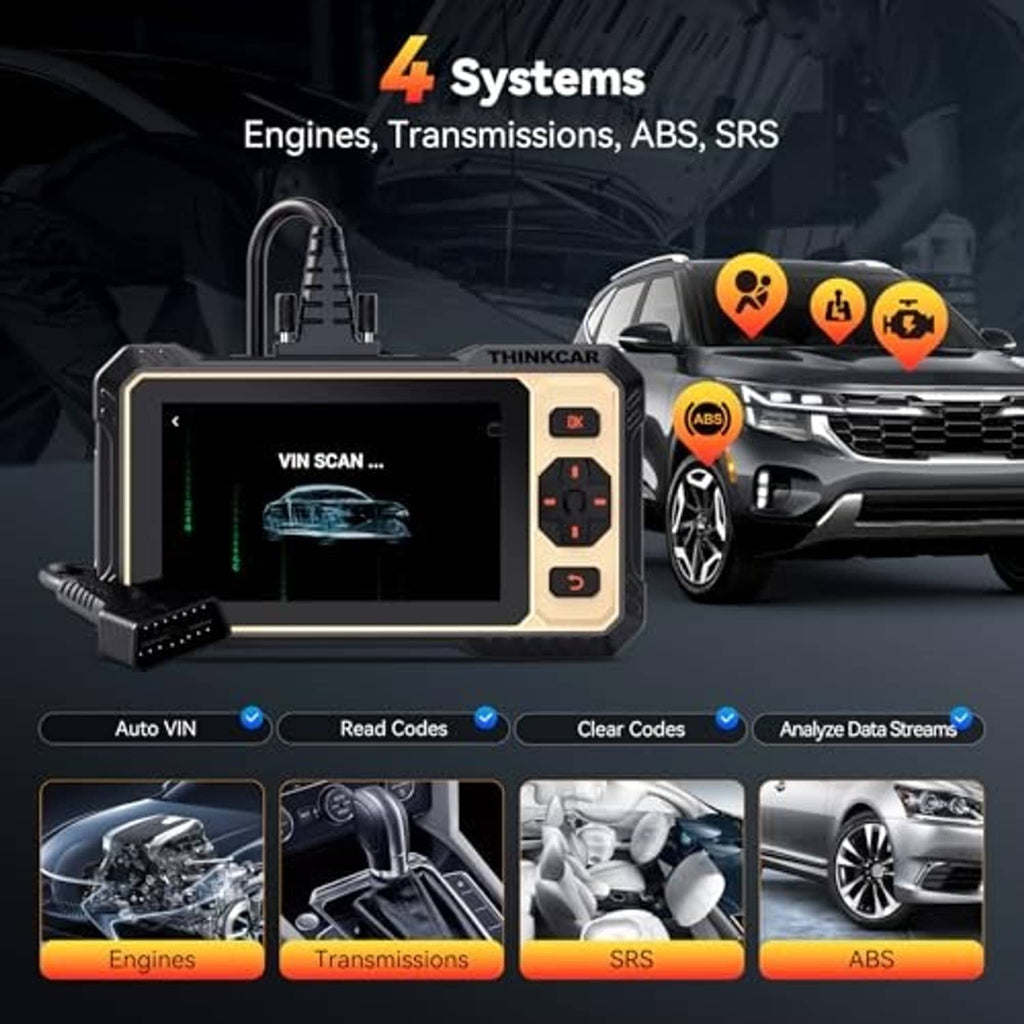 OBD2 diagnostic scanner with screen, labeled button panel, and engine system icons