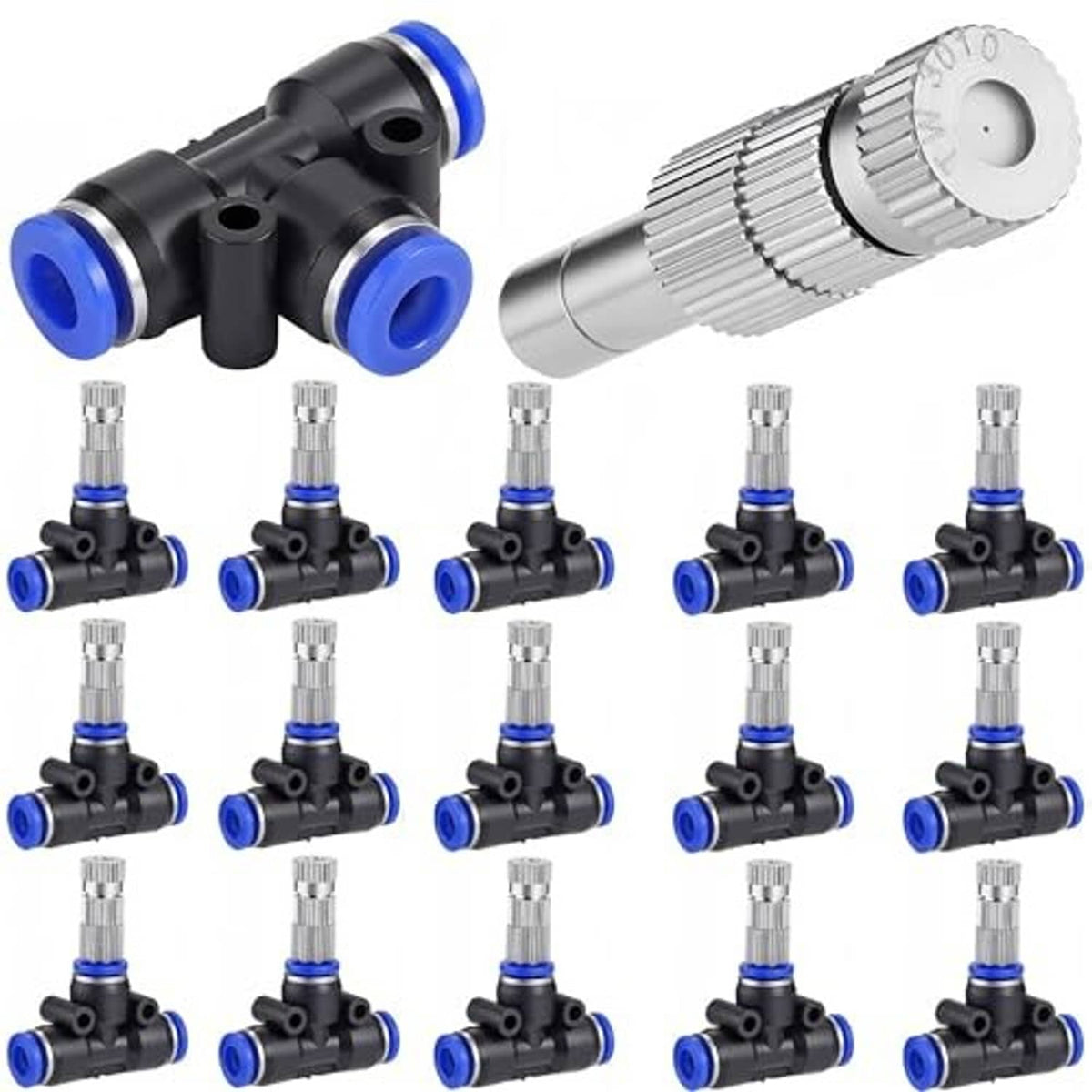 Brass misting nozzle replacement set: black connectors with blue rings and silver nozzle end