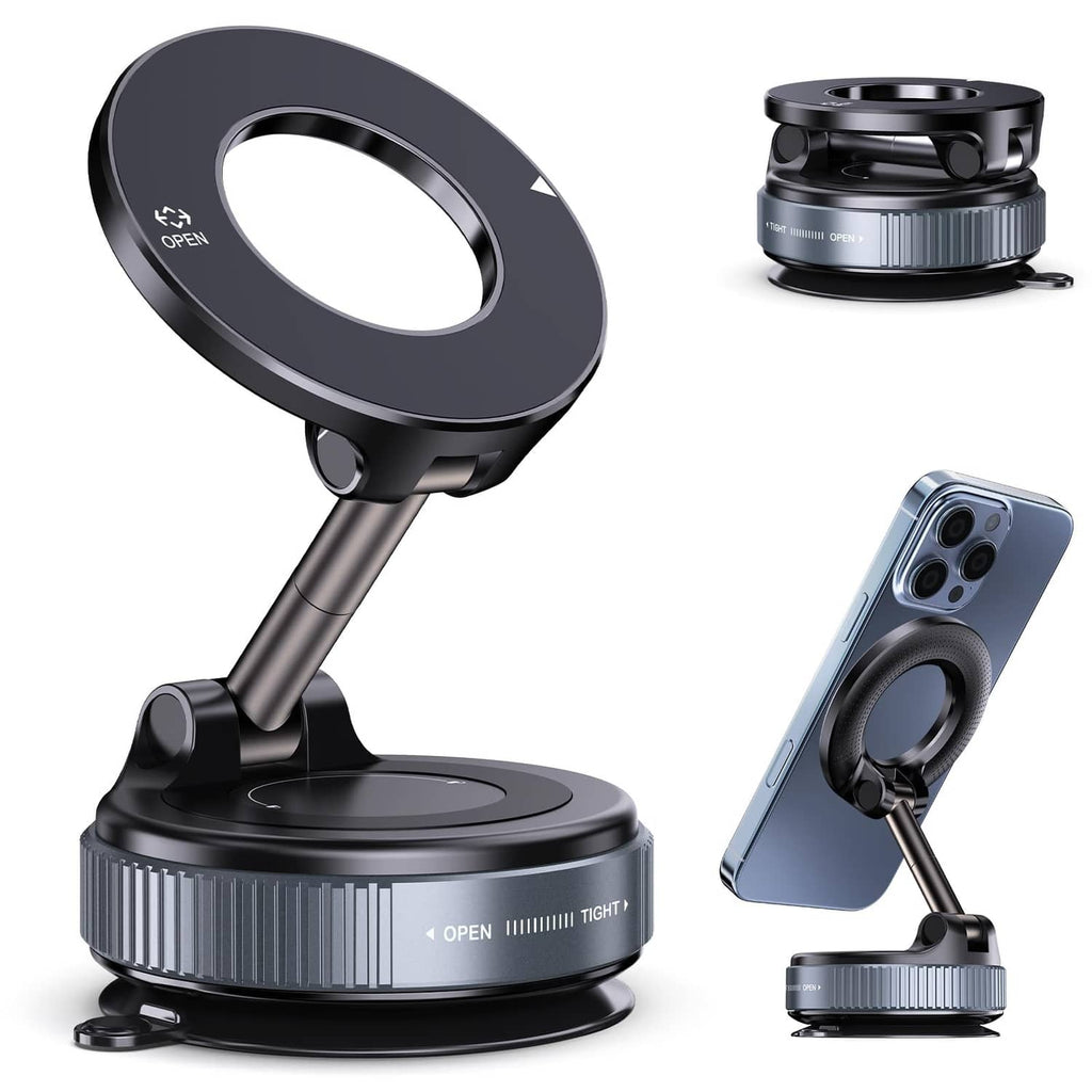 Vacuum magnetic car phone holder with MagSafe-style ring and adjustable mount, stellar gray