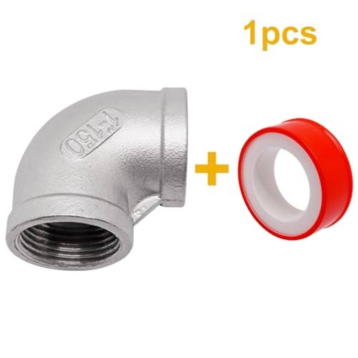 Stainless steel 90-degree street elbow with female NPT threads and red end cap