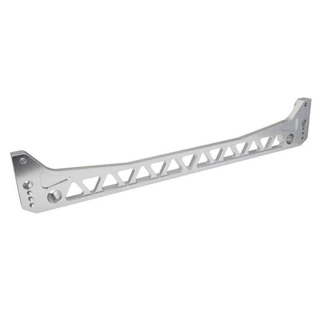Silver subframe brace bar with triangular mounting bracket and slotted lattice design