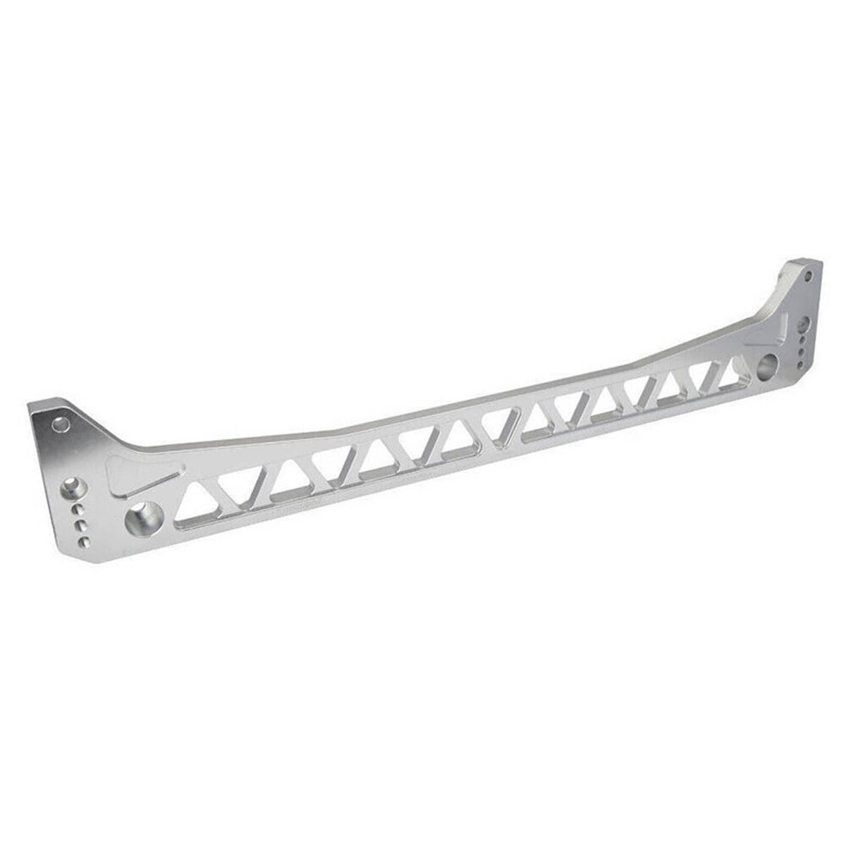 Silver subframe brace bar with triangular mounting bracket and slotted lattice design