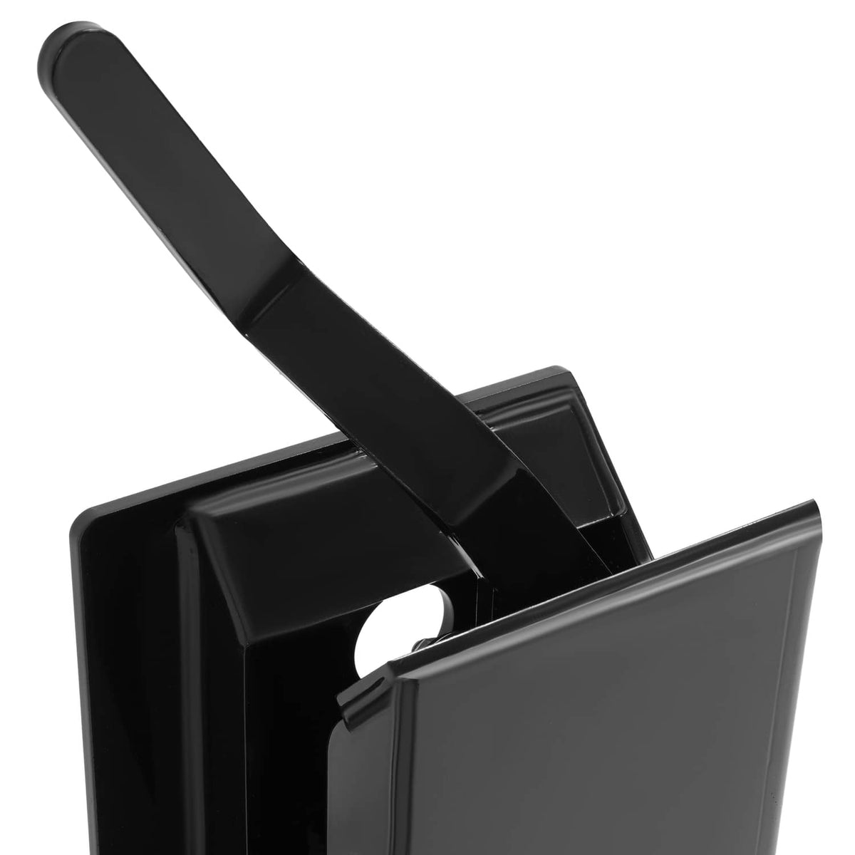 Black quick attach adapter side plate with curved handle and latch bracket detail