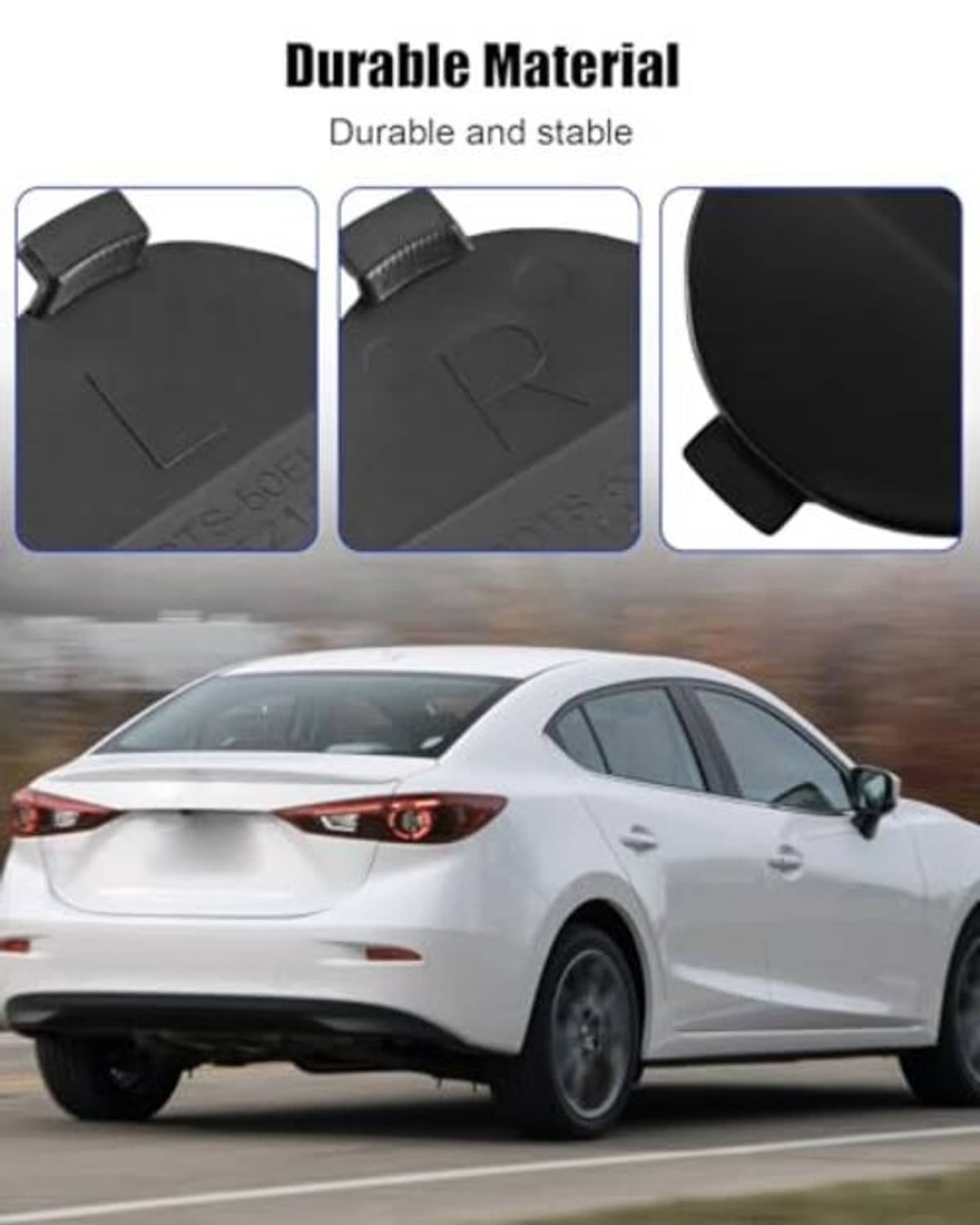 Black bumper towing cover with embossed details and side clip tab.