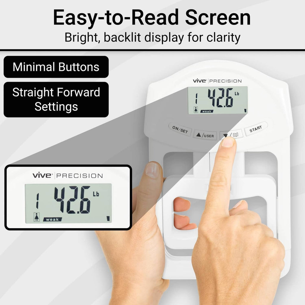 White grip strength tester with easy-to-read LCD screen and finger on buttons