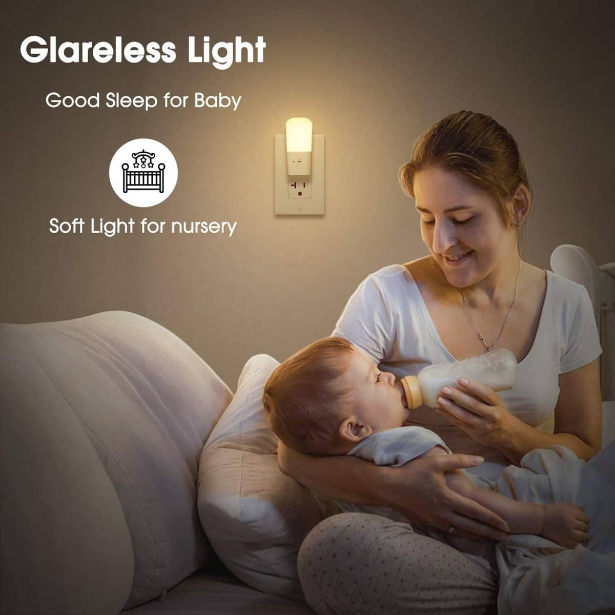 White plug-in LED night light with warm soft glow for nursery use