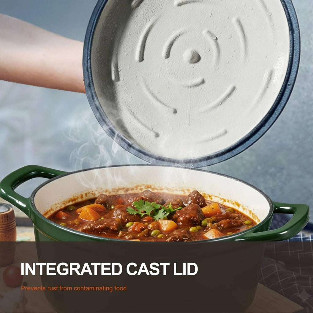 Green enameled Dutch oven with lid, showing food simmering inside