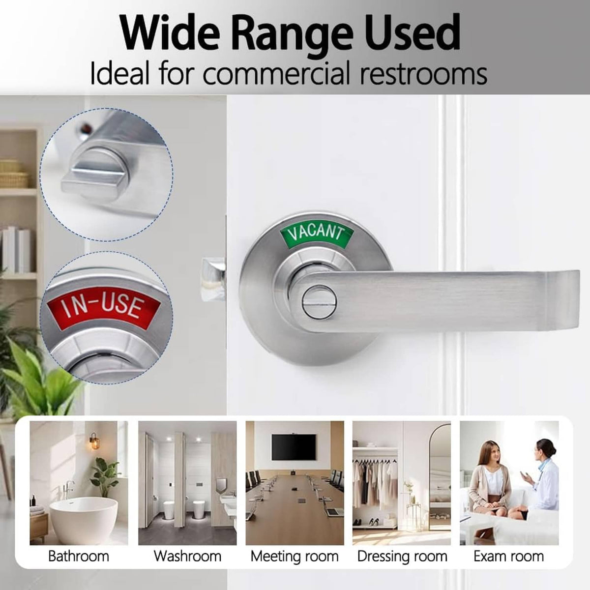 Bathroom indicator door handle lock with vacant and in-use indicator on lever
